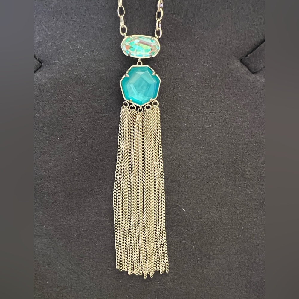 NWT Kendra Scott Tae Long Necklace Turquoise+Iridescent Stones Gold Tone Chain - Picture 2 of 8